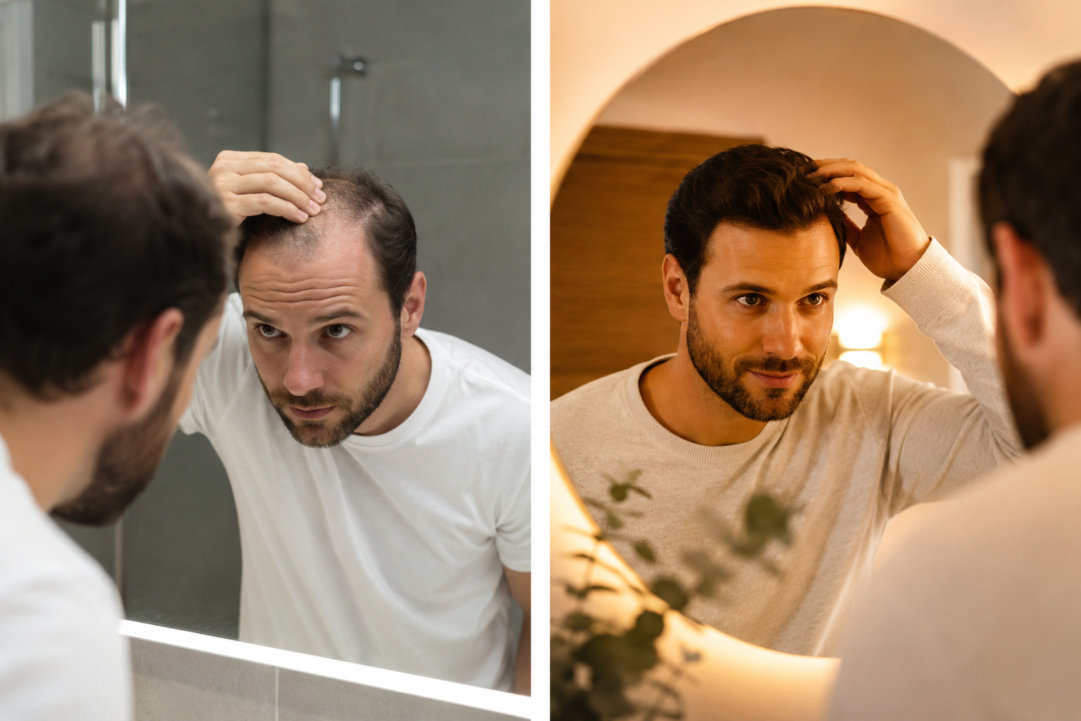 Homme confiant observant sa chevelure dans un miroir avec un éclairage professionnel