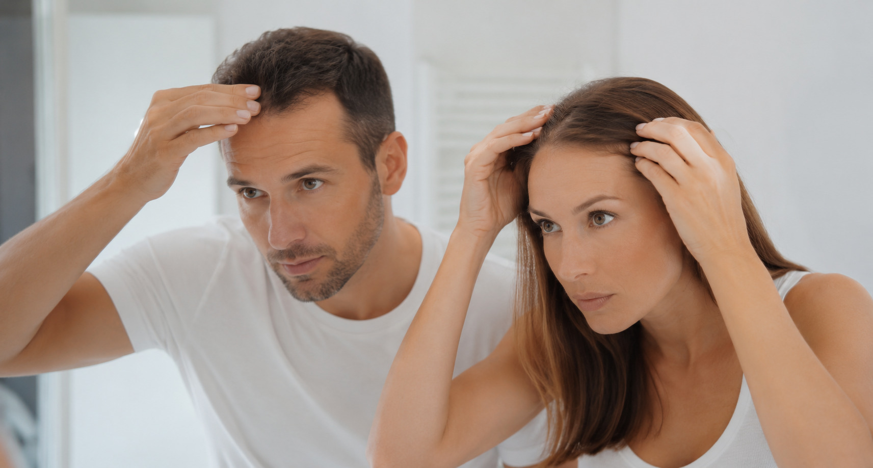Homme et femme avant une greffe capillaire dans un cabinet médical à Paris