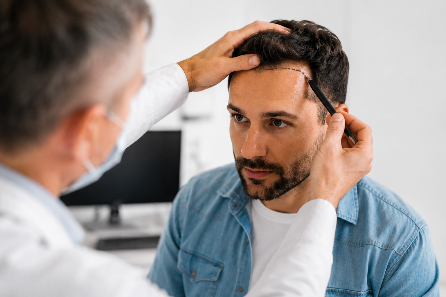 Gros plan sur la densité des greffons capillaires avec marquages de précision médicale sur le cuir chevelu