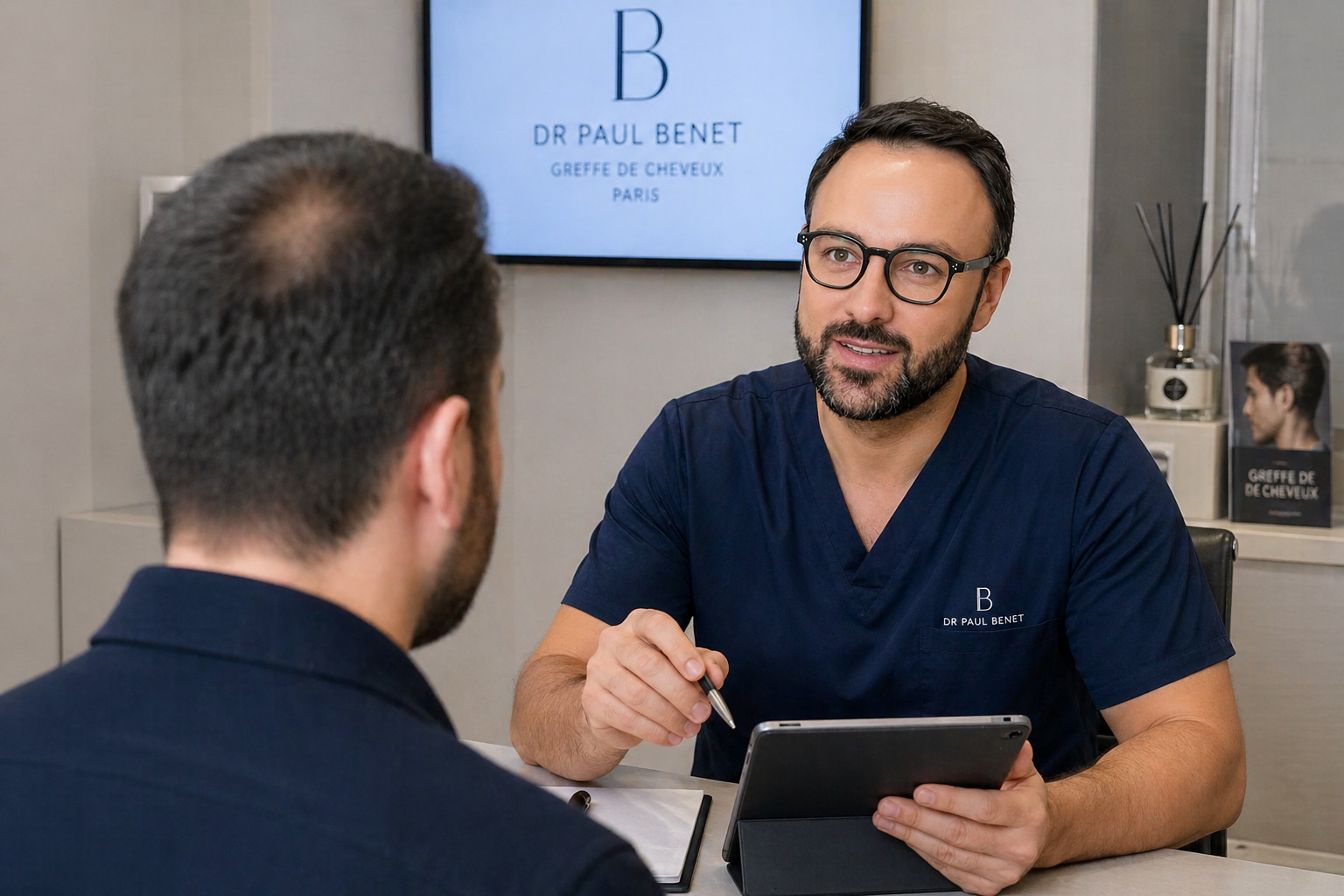 Consultation discrète de greffe de cheveux dans une clinique moderne parisienne, cadre professionnel.